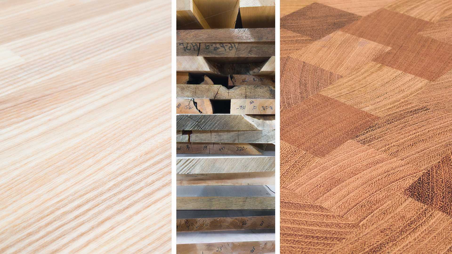 A collage of close-ups showing the wood grain and quality of several Hardwood Lumber Company products