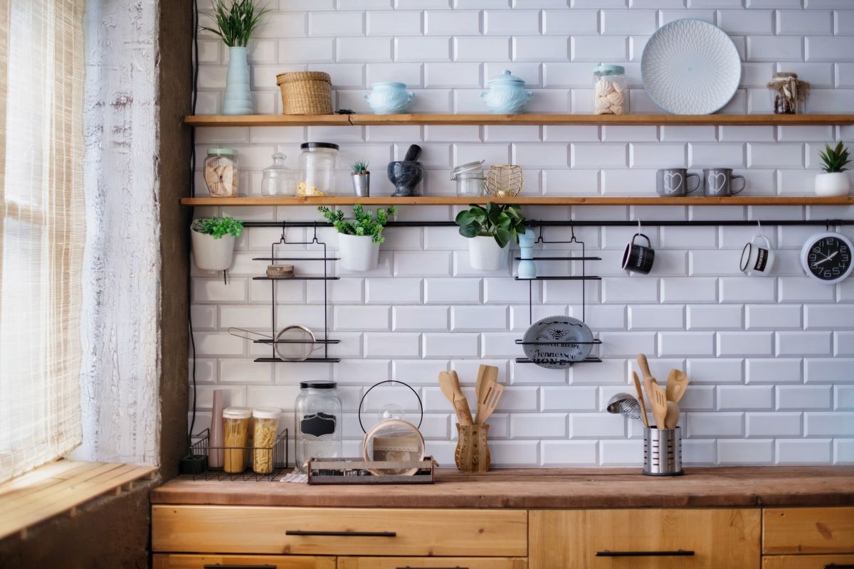 Kitchen with store wood shelves