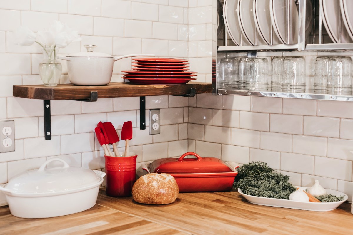 Wooden butcher block countertop in a kitchen 